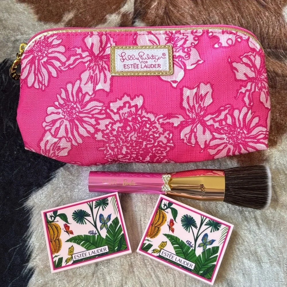 Brand New Estee Lauder x Lilly Pulitzer Cosmetic Bag Bronzers PUR Barbie Brush